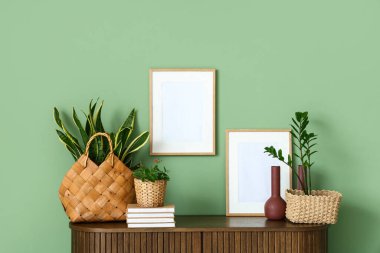 Yeşil duvarın yanındaki klozette bitkilerle, kitaplarla ve boş çerçevelerle dolu sepetler.