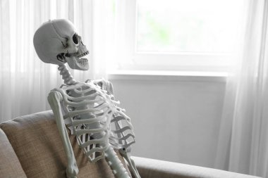 Oturma odasındaki kanepede oturan iskelet.