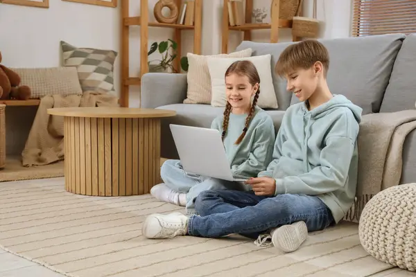 Genç bir çocuk ve kız kardeşi evde dizüstü bilgisayardan film izliyorlar.