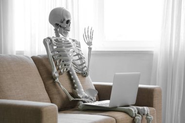 Dizüstü bilgisayarlı iskelet oturma odasında kanepede sohbet ediyor.