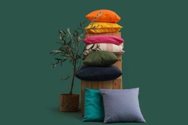 Yastıklı raf ünitesi ve koyu yeşil arka planda ev bitkisi