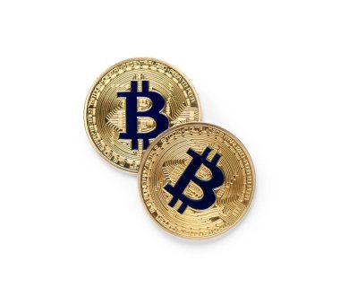 Beyaz zemin üzerinde altın bitcoin, üst görünüm