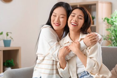 Güzel, genç, mutlu Asyalı kız kardeşler evlerinde kanepede kucaklaşıyorlar.