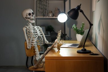 Geceleri masa başında dizüstü bilgisayarı olan insan iskelet modeli.