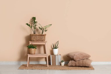 Odada bej duvarın yanında bitkilerle dolu tabure ve hasır sepetler.