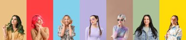 Renkli arka planda farklı saç stili olan bir sürü güzel kadın.