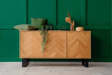 Yastıklı ahşap dolap, ev bitkisi ve dekorasyon yeşil duvarın yanında.