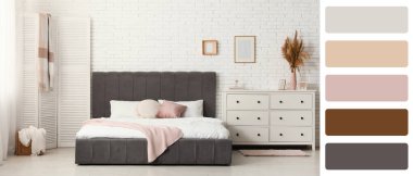 Beyaz tuğladan duvarlı şık bir yatak odası. Farklı renk desenleri