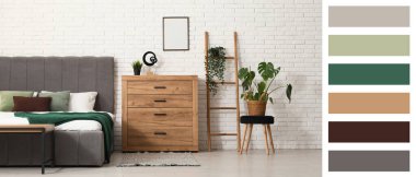 Beyaz tuğladan duvarlı şık bir yatak odası. Farklı renk desenleri