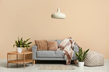 Odanın içinde kanepe, masa, puf ve sansevieria bitkileri bej duvarın yanında.