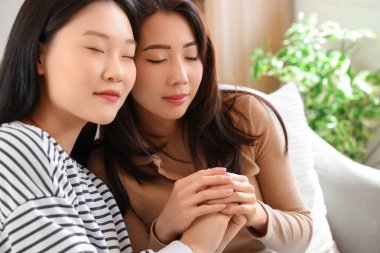 Güzel, genç, mutlu Asyalı kız kardeşler evlerinde kanepede kucaklaşıyorlar.