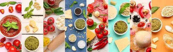 Lezzetli soslar ve pizza malzemeleri kolajı.