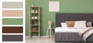 Yeşil duvarlı şık bir yatak odası. Farklı renk desenleri