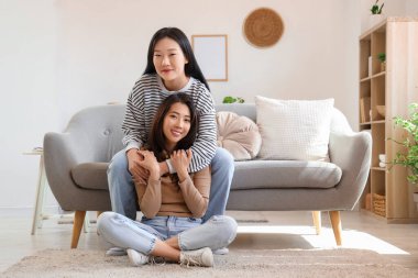 Güzel, genç, mutlu Asyalı kız kardeşler evlerinde kanepede kucaklaşıyorlar.