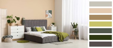 Rahat yatağı ve çekmeceleri olan şık bir yatak odası. Farklı renk desenleri