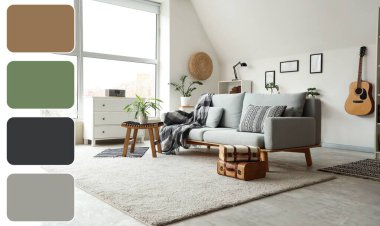 Gri kanepe, ev bitkileri ve bavullarla aydınlık oturma odasının içinde. Farklı renk desenleri