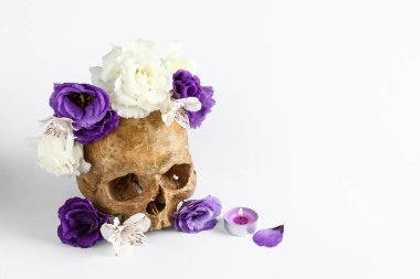 Beyaz arka planda güzel çiçekli insan kafatası