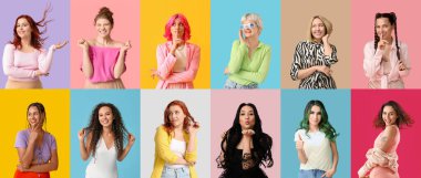 Renkli arka planda farklı saç stili olan birçok güzel kadının kolajı