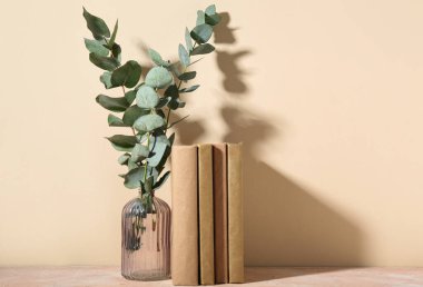 Yeşil okaliptüs dallı cam vazo ve bej arkaplan üzerine kitaplar