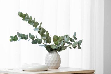 Pencerenin yanındaki masada güzel okaliptüs dalları ve dekor olan vazo, yakın plan.