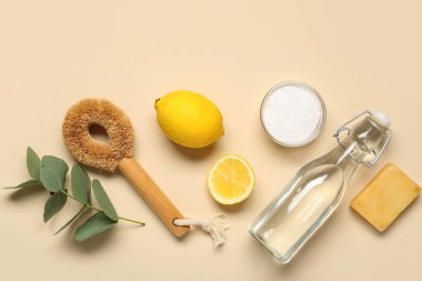 Renk arkaplanı üzerine doğal temizlik, fırça ve okaliptüs ürünleri bileşimi