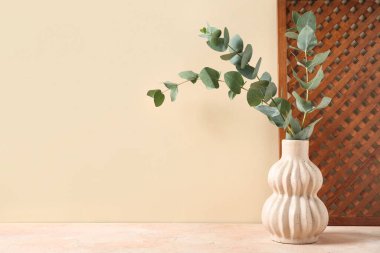 Bej arka planda yeşil okaliptüs dallı vazo