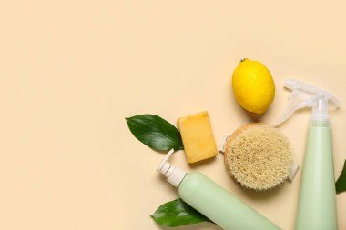 Temizlik, fırça ve bitki yaprakları için doğal ürünlere sahip kompozisyon