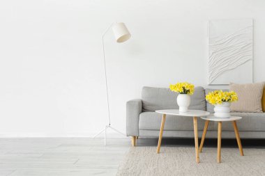 Gri kanepeli, masalı ve nergisli oturma odasının içinde.