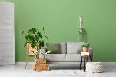 Oturma odasında kanepe, hasır sepetler ve yeşil bitkiler var.