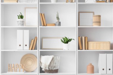 Bitkileri, dekorları ve beyaz raflarda boş çerçeveleri olan kitaplar