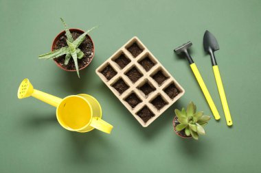 Topraklı tohum tepsisi, saksı bitkileri ve yeşil arka planda bahçe aletleri.