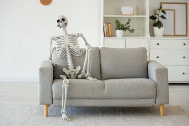 Oturma odasındaki gri koltukta oturan insan iskelet modeli.
