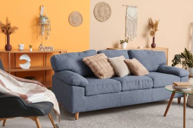 Oturma odasının iç tarafındaki renkli duvarın yanındaki rahat gri kanepe, yakın plan.