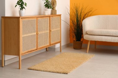 Interior of living room with white sofa, wooden cabinet and stylish rug