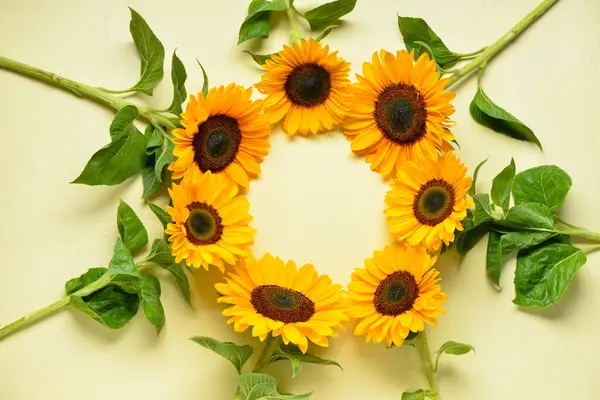 Açık yeşil zemin üzerinde güzel ayçiçeklerinden yapılmış çerçeve