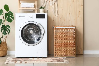 Çamaşır makinesi, kirli çamaşırlı sepet ve çamaşır odasında Monstera bitkisi.