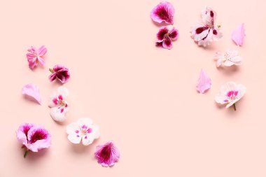 Pembe arka planda farklı, yenilebilir çiçekler.