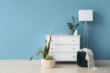 Mavi duvarın yanındaki çekmeceler, puf ve bitkiler.
