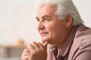 Evdeki yakışıklı yaşlı adamın portresi, yakın plan.