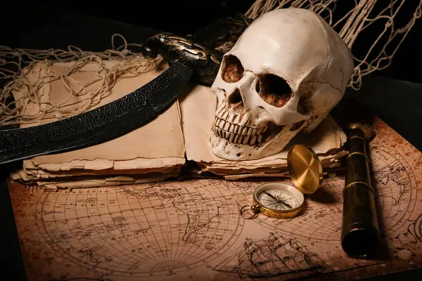 Kılıçlı insan kafatası, eski el yazmaları, dünya haritası ve siyah arka planda pusula.