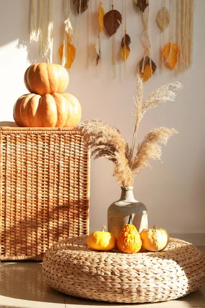 Oturma odasında balkabağı ve otla dolu hasır bir puf.