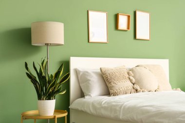 Yatak odasının içinde yatak odası, masa ve Sansevieria bitkisi, yakın plan.