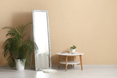 Oda da bej duvarın yanında yer aynası, masa ve bitki var.