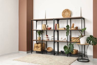 Kitaplı siyah raf ünitesi, şık dekorasyon ve odada palmiye bitkileri