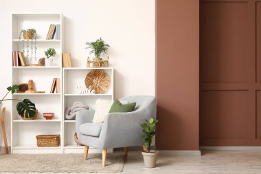 Odanın içinde raf ünitesi, koltuk ve bitkiler var.