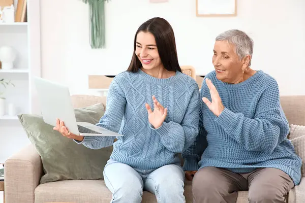 Dizüstü bilgisayarı olan mutlu genç bir kadın ve büyükannesi evdeki kanepede görüntülü sohbet ediyorlar.