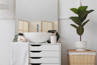 Lavabo, ayna ve banyo aksesuarları banyodaki çekmecelerin üzerinde.