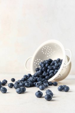 Beyaz arka planda taze yaban mersinli Colander