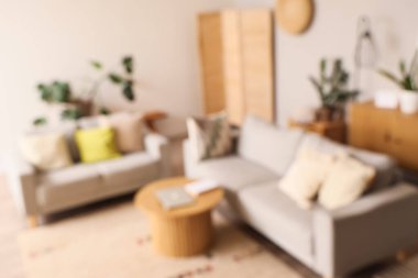 Oturma odasının içi gri kanepeler ve kahve masasıyla bulanık görünüyor.