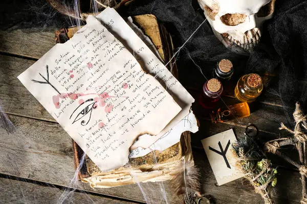 Cadıların sihirli özellikleri siyah ahşap masa üzerinedir.